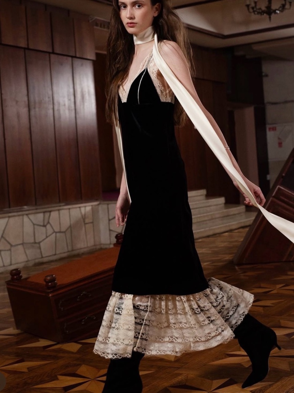 Julia Allert Velvet Evening Gown W/ Lace